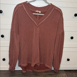 New In Textured Ribbed Drop Shoulder Balloon Sleeve V Neck Long Sleeve